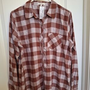 Maurices Flannel Shirt Women's M Rust Brown Pink Buffalo Plaid Rayon Blend NWT